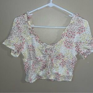 Sim & Sam multi-ditz floral smocked ruffle boho cropped shirt top blouse size XS